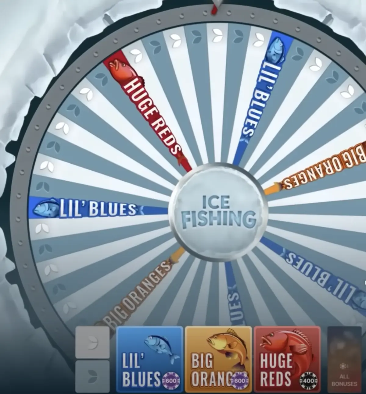 Ice Fishing Live 53-segment wheel showing bet placement interface